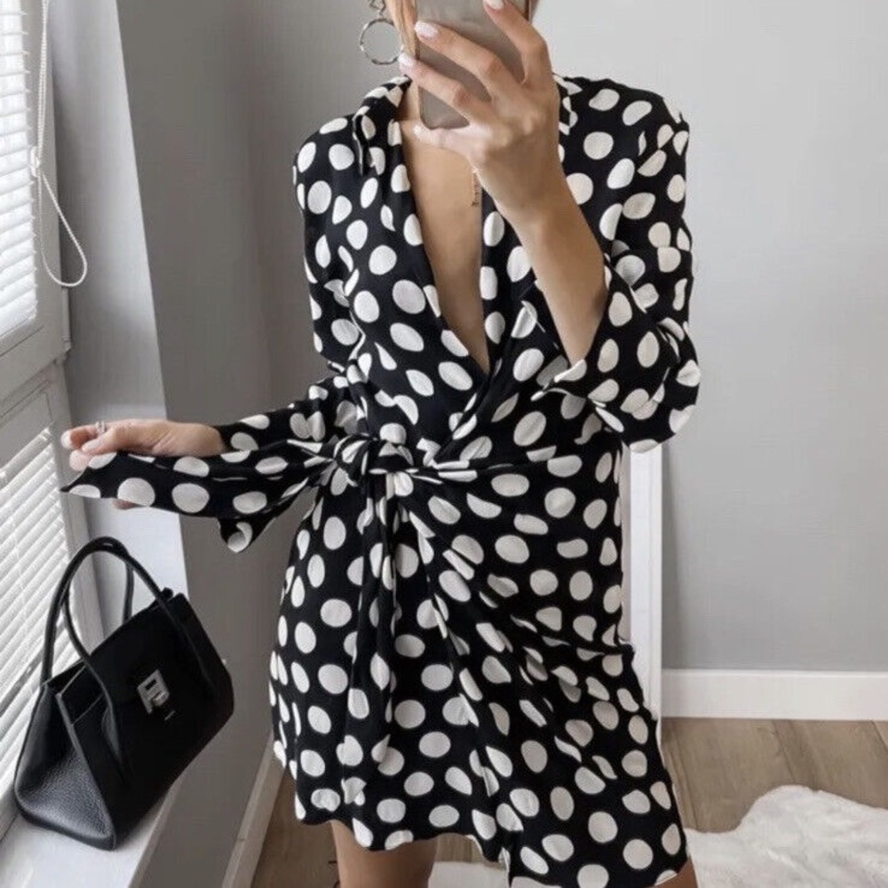 Zara Black and White Polka Dot Long Sleeve Dress